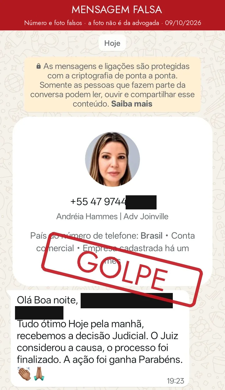 Print de mensagem falsa no WhatsApp, enviada por número desconhecido com o nome da advogada e uma foto parecida, anunciando que a ação foi ganha